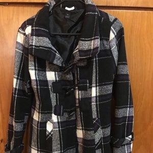 Wool coat with purple back gray and white print